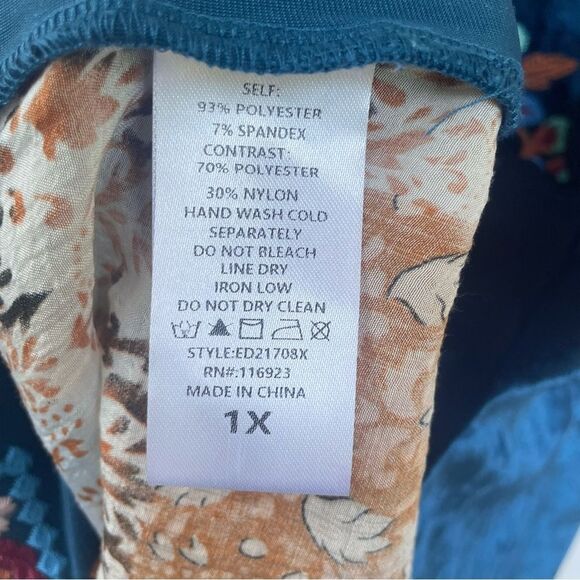 Easel Blue Crushed Velvet Embroidered Floral Patchwork Tunic Dress (1X) - Picture 13 of 13